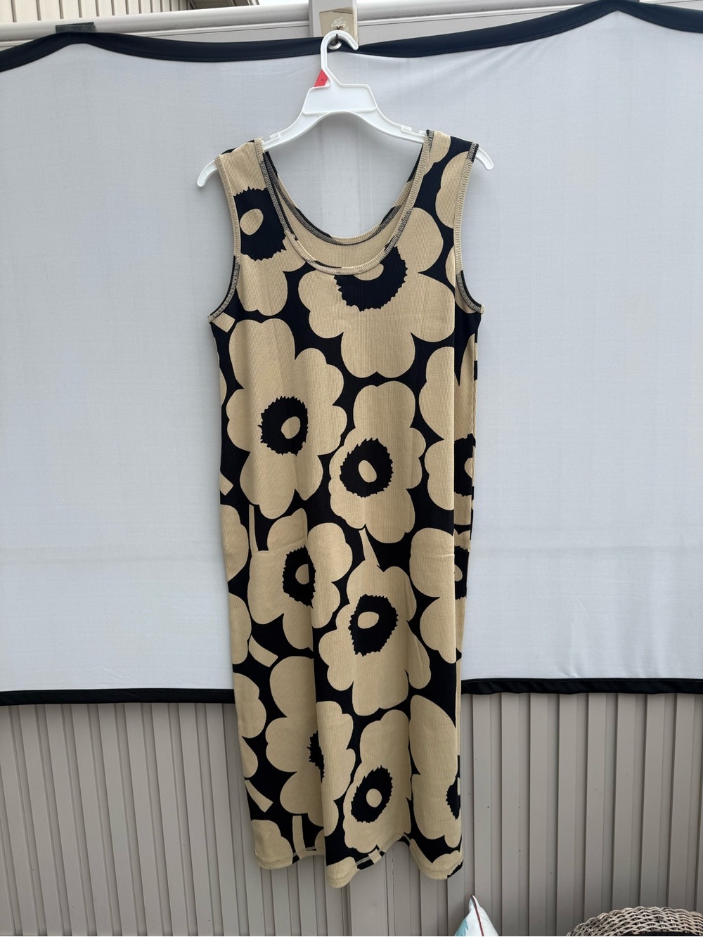 MARIMEKKO Simpukka Unikko Rib Floral Cotton Tank Dress in Beige Black NWT - Picture 2 of 11